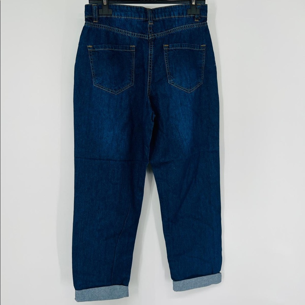 Blue High Waist Ripped Distressed Cuffed Boyfriend Jeans Denim Pants - Picture 13 of 13